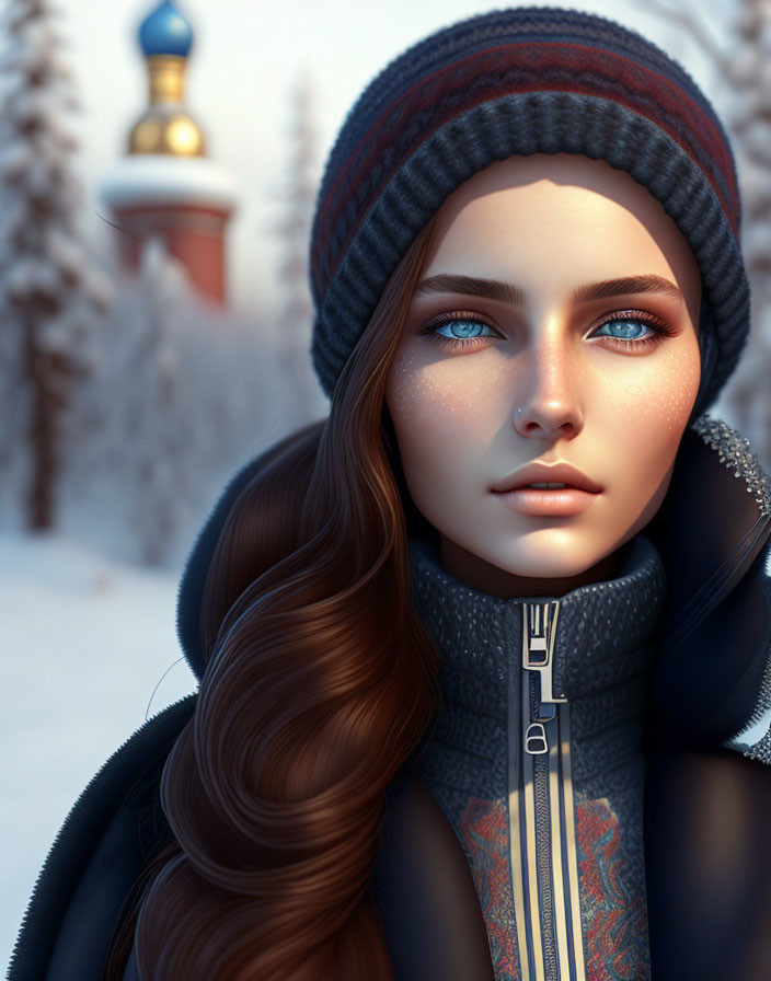 Digital artwork of woman with blue eyes in winter setting