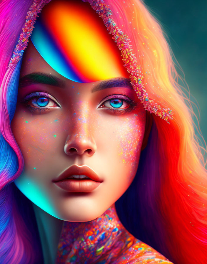 Colorful portrait of woman with multicolored hair and sparkling skin, rainbow light in eyes.