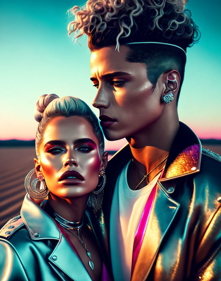 Fashionable models in trendy leather jackets with metallic accents pose in colorful lighting