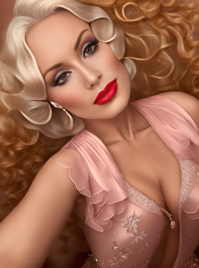 Illustration of woman with wavy blonde hair and red lipstick in pink gown.