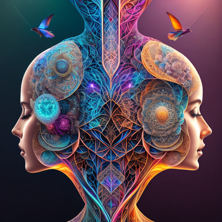 Symmetrical profile faces with fractal tree and butterflies