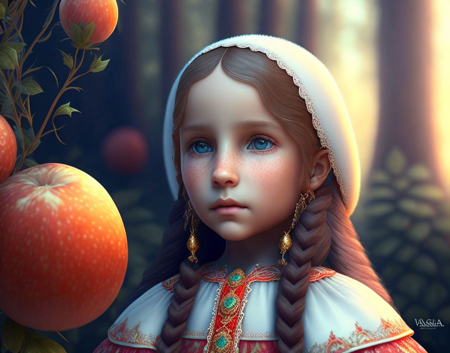 Digital artwork: Young girl with braided hair, blue eyes, and traditional dress in apple tree setting