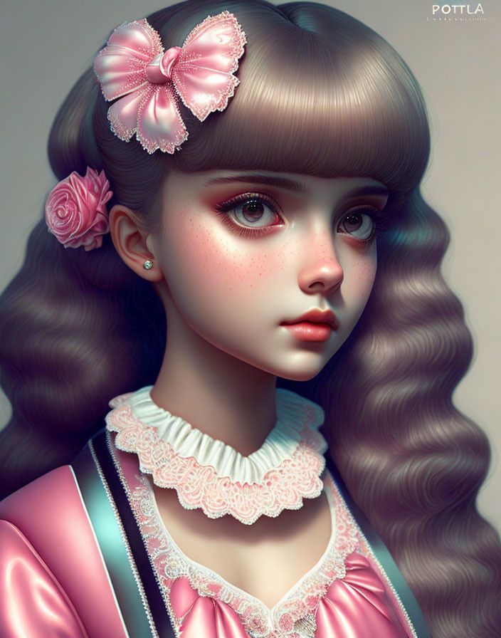 Digital artwork featuring girl with wavy brown hair, large eyes, pink bow, and vintage pink dress