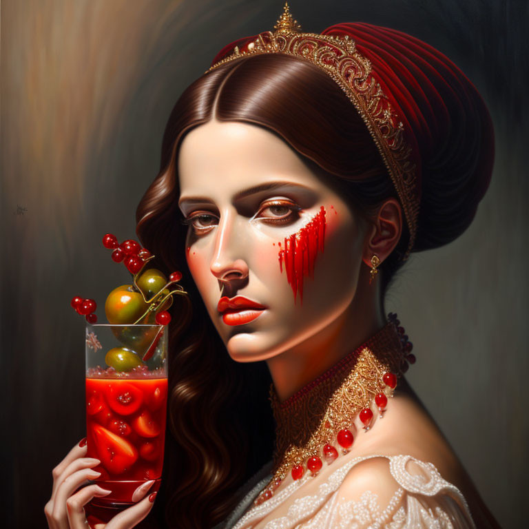 Regal woman with tear of blood holding glass of tomatoes and berries