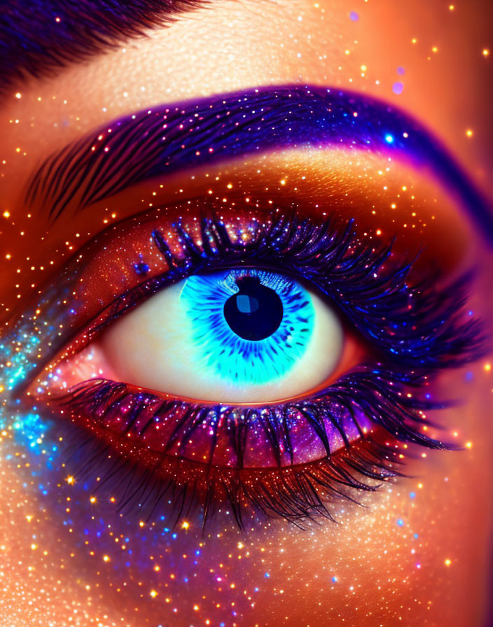 Vivid Blue Human Eye with Purple Makeup on Orange Backdrop