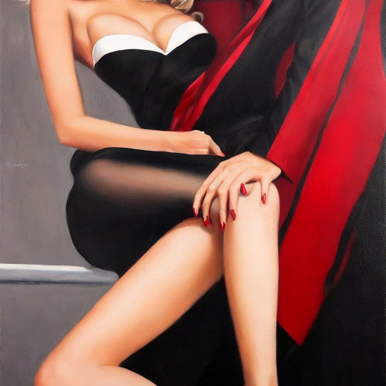 Woman in Black Dress and Red Scarf Exuding Elegance