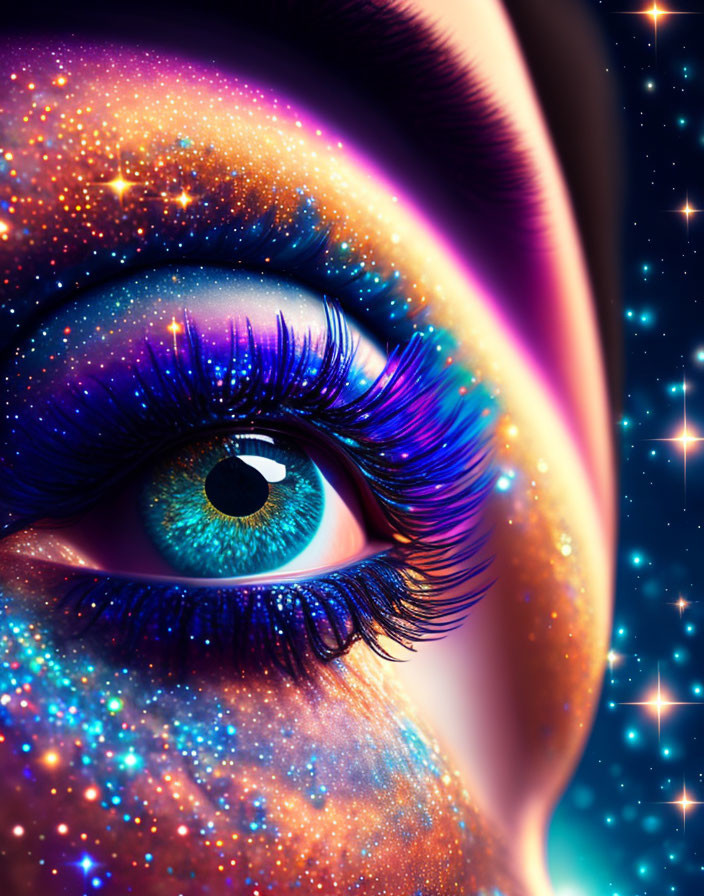 Eye with Cosmic Galaxy Pattern and Blue Lashes on Starry Background