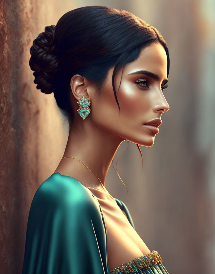 Digital art portrait: Woman with sleek bun hair, teardrop earrings, green dress with golden details