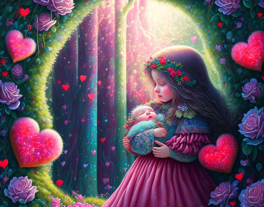 Illustration of girl with baby in heart-lit forest scene