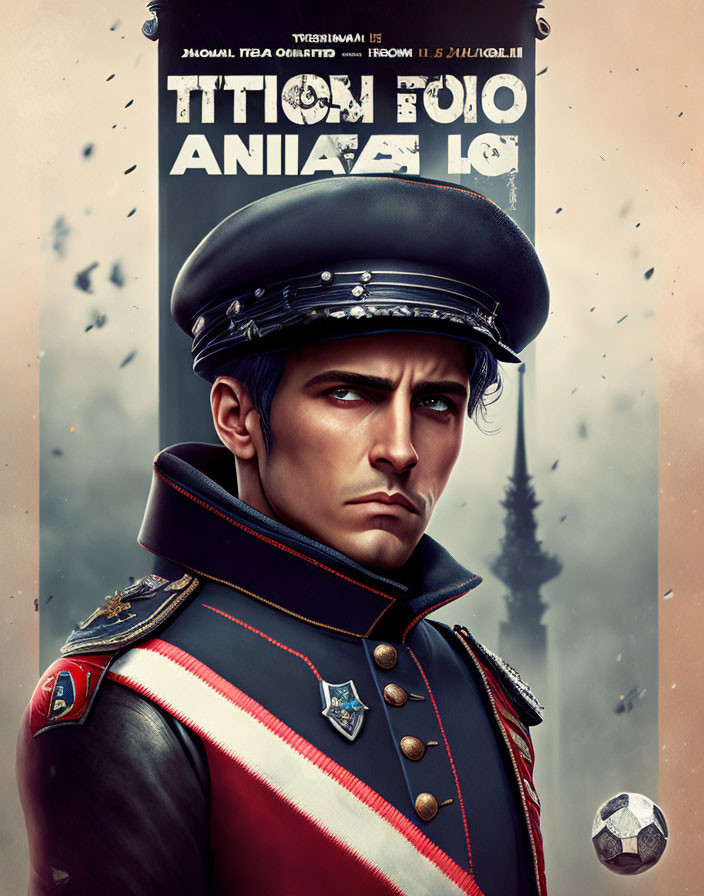 Portrait of man in military uniform with Cyrillic poster and snowflakes