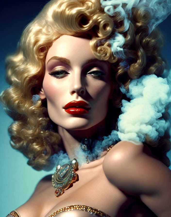 Portrait of a woman with blonde curls, dramatic makeup, red lipstick, elegant jewelry, and white accessory