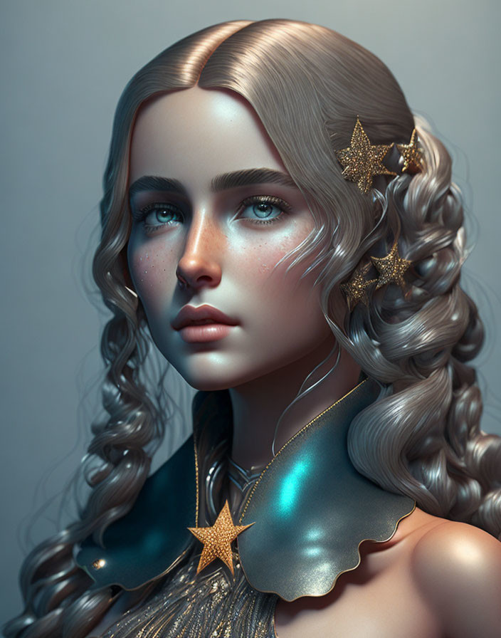 Digital Artwork: Woman with Wavy Blonde Hair and Gold Star Accessories