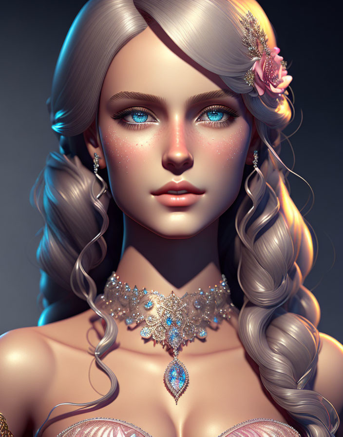 Detailed 3D illustration of woman with blue eyes, wavy hair, earrings, and necklace