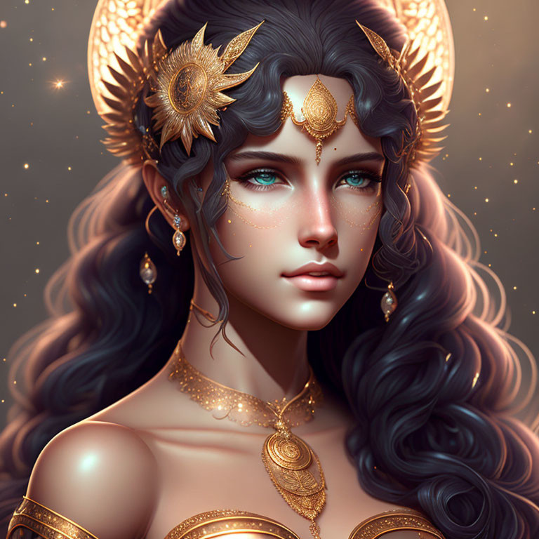 Illustrated female figure with celestial-themed jewelry on dark background