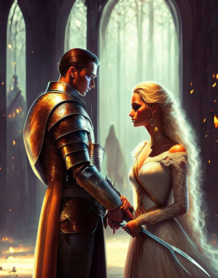 Knight and elegant woman holding hands in mystical forest with tall trees and warm sunlight.