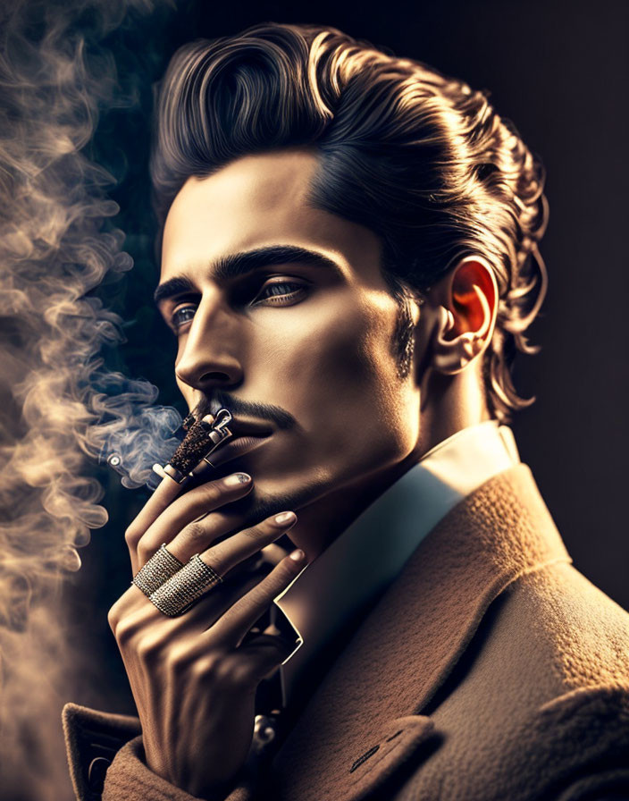 Stylized image of suave man with slicked-back hair smoking