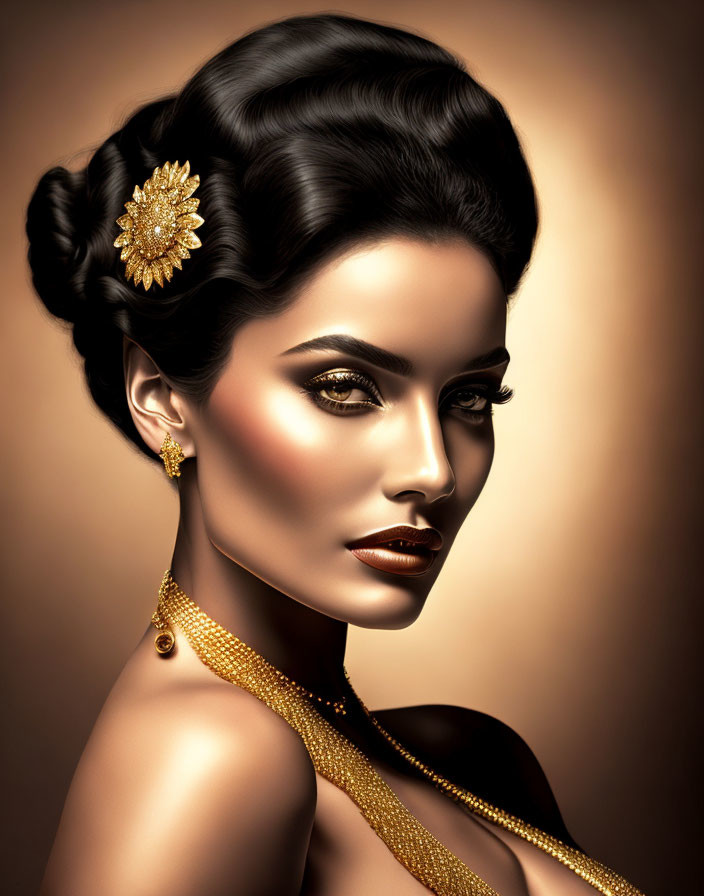 Digital artwork of woman with elegant updo, gold accessory, bold makeup, gold jewelry