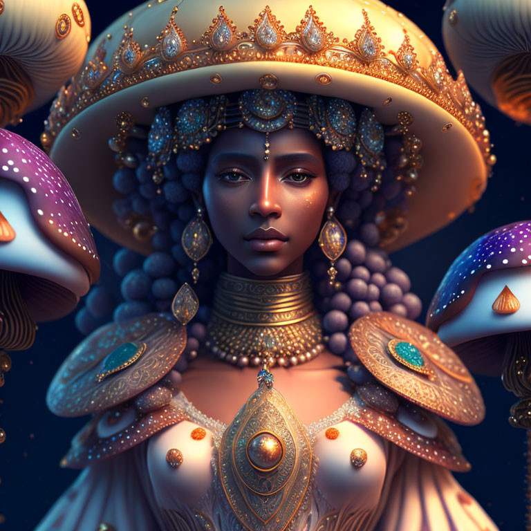 Regal Figure with Golden Jewelry and Oversized Mushrooms