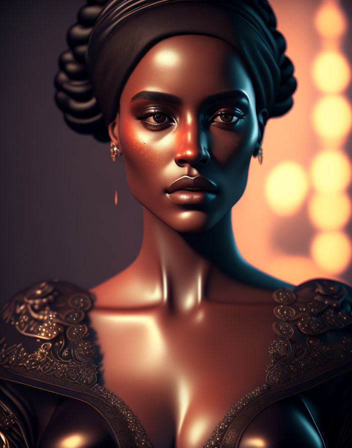 Elaborate hairstyle and ornate attire in digital art portrait