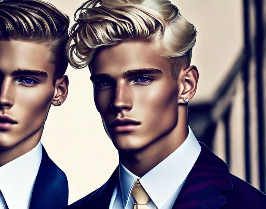 Stylized male figures with sharp features, blue eyes, blond hair, suits, and ties portrait