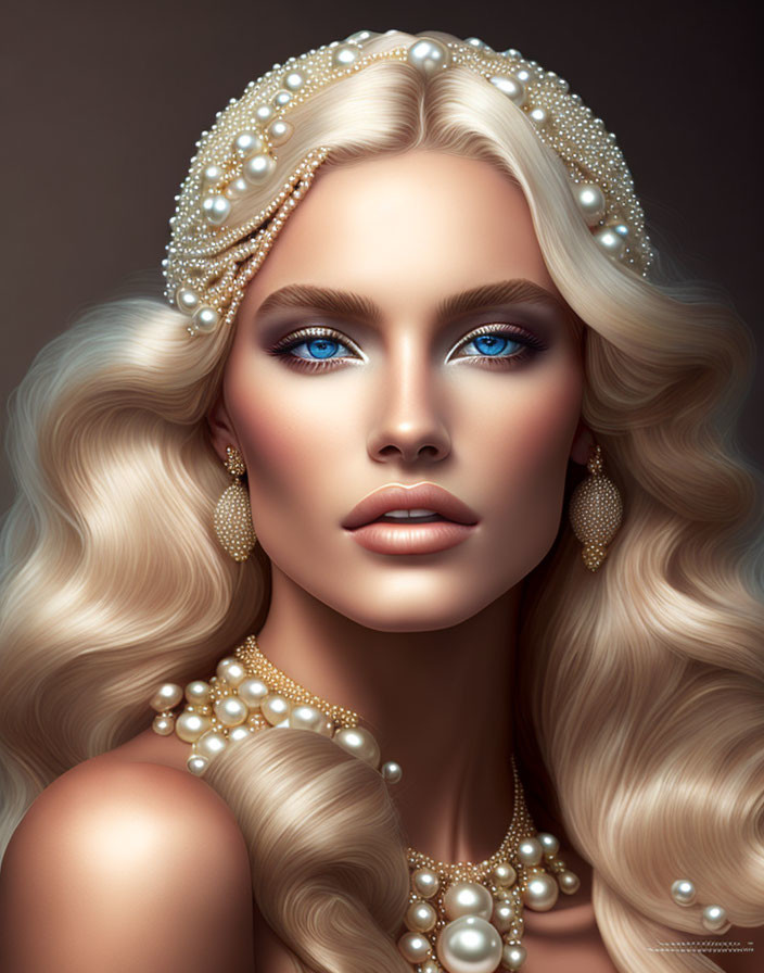 Portrait of Woman with Wavy Blonde Hair and Pearl Jewelry