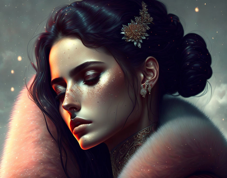 Digital artwork features woman with freckles & starry makeup, fur clothing, jeweled accessories,