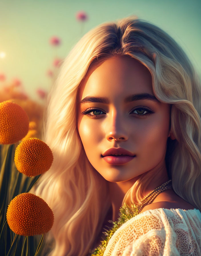 Blonde Woman Portrait with Yellow Flowers