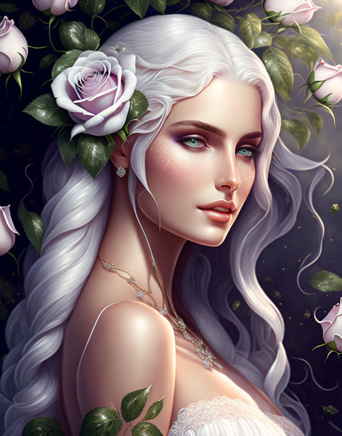 Ethereal woman with white hair and roses in digital portrait