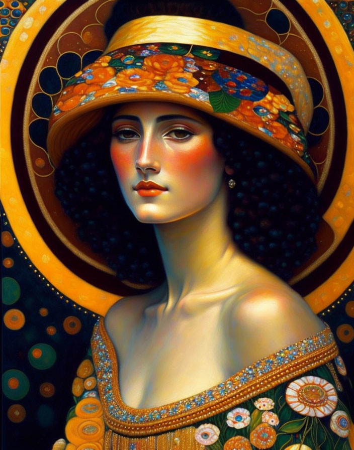 Art Nouveau Woman Illustration with Decorative Hat and Ornate Dress