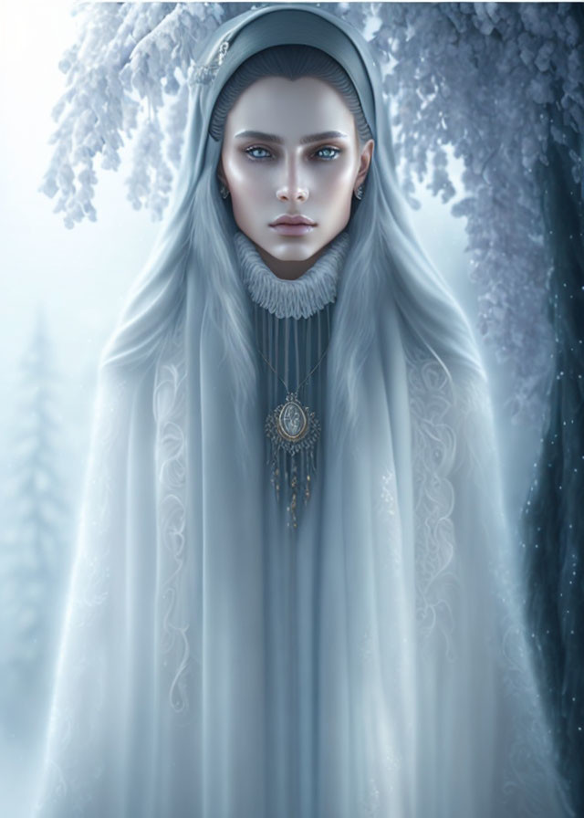 Androgynous figure with pale skin in regal winter attire