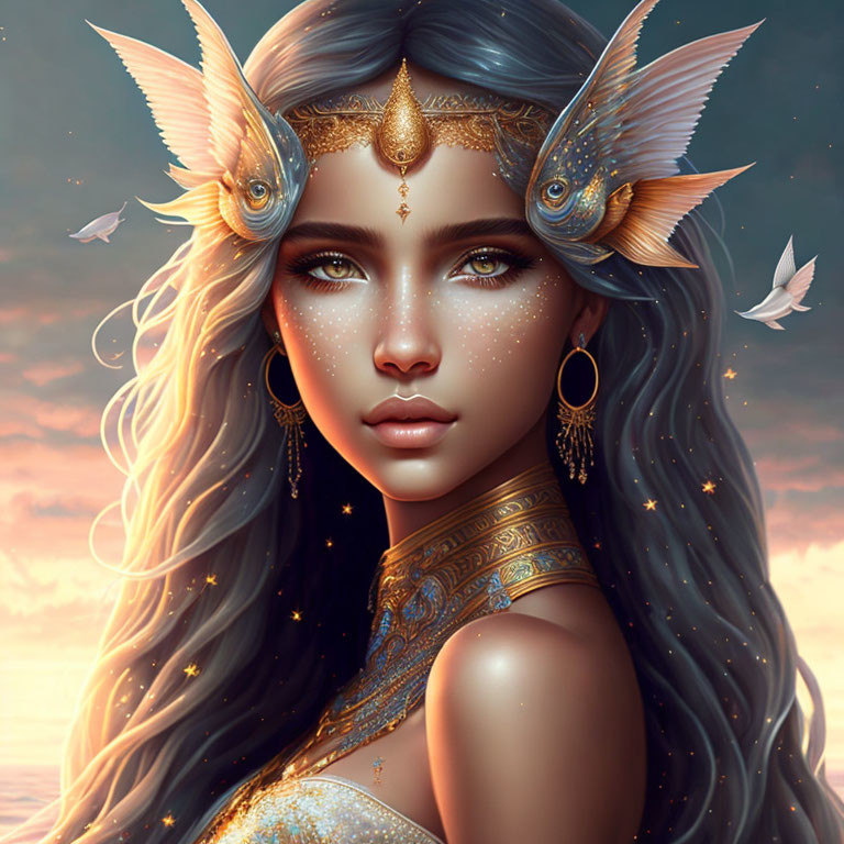 Fantasy portrait of girl with long wavy hair and butterfly wings, adorned with golden jewelry, surrounded