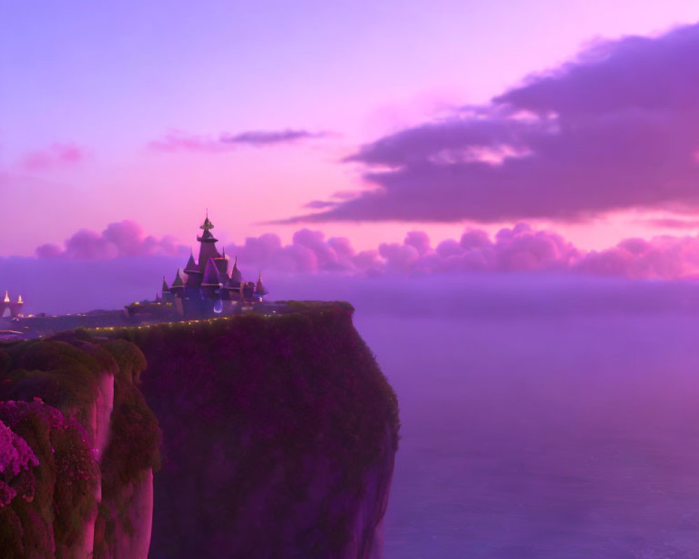 Cliffside fairytale castle above clouds at sunset