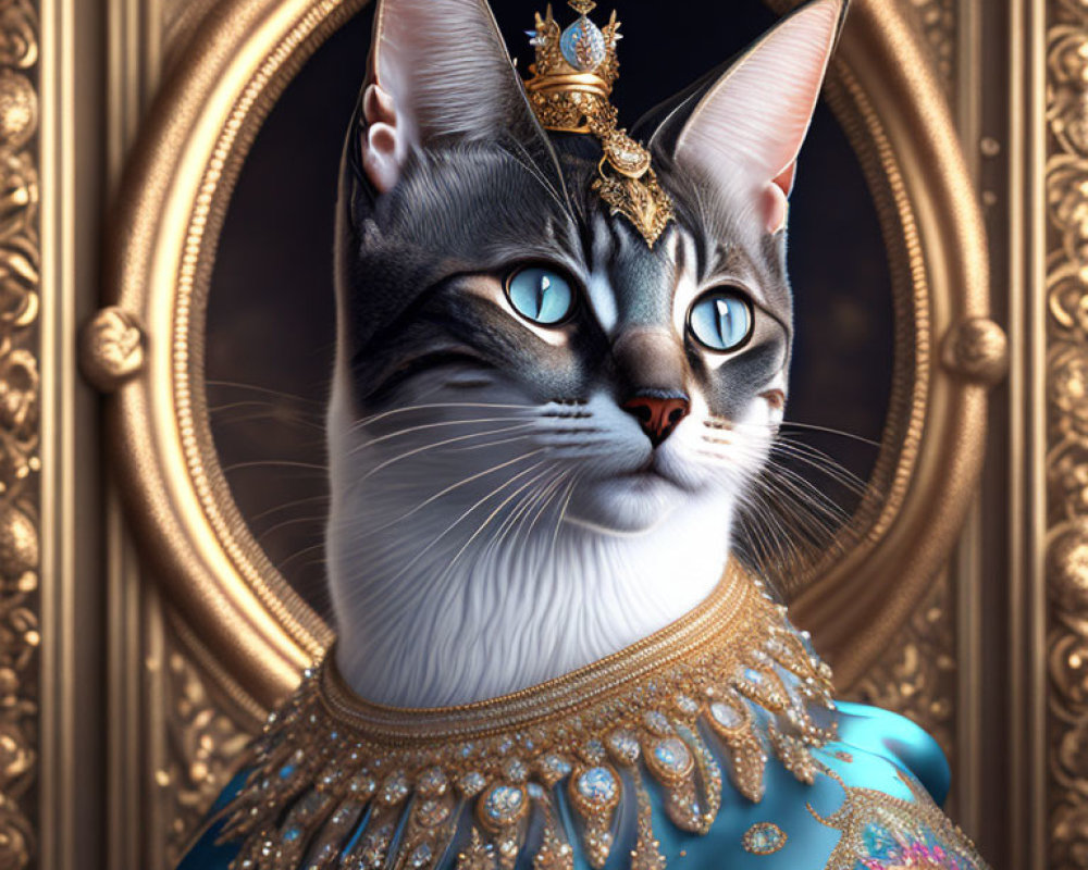 Regal Cat with Blue Eyes and Golden Crown in Majestic Pose