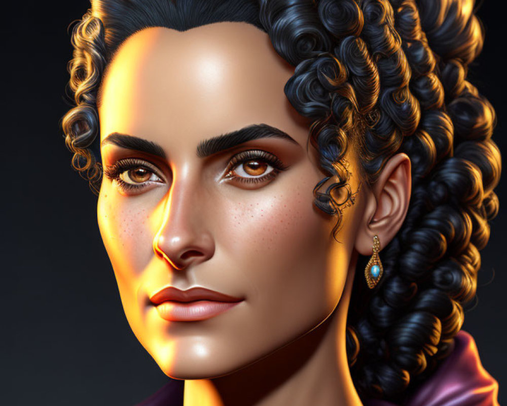 Detailed digital portrait of a woman with curly hair and brown eyes against dark background