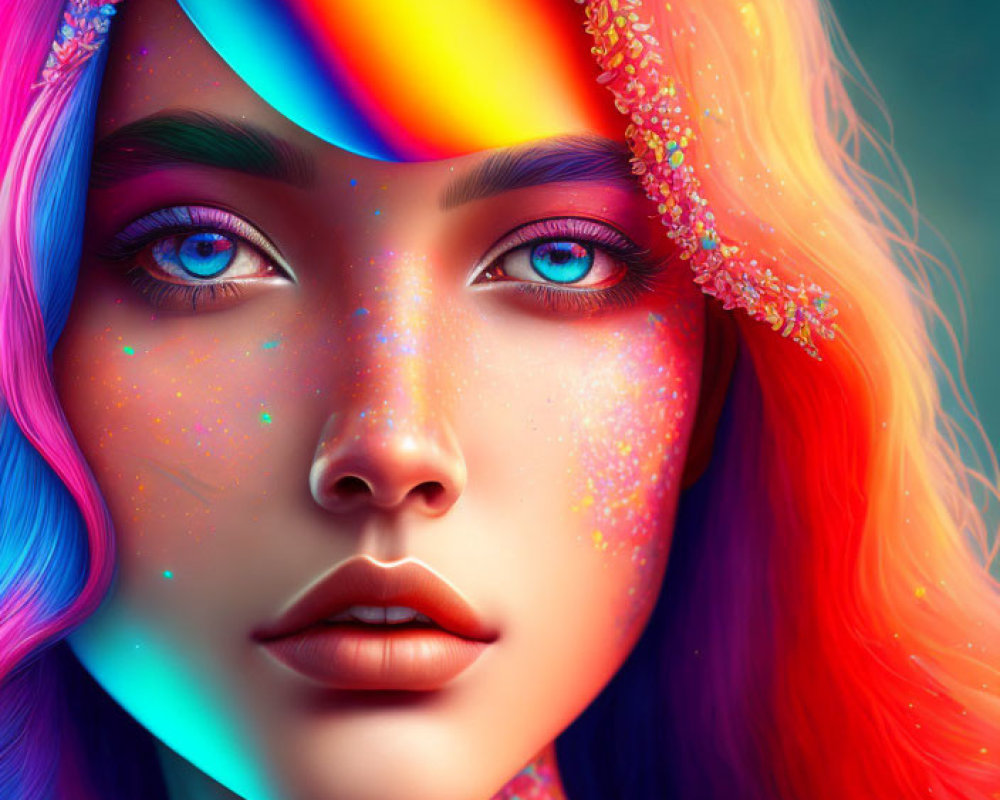 Colorful portrait of woman with multicolored hair and sparkling skin, rainbow light in eyes.