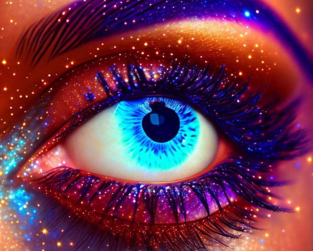 Vivid Blue Human Eye with Purple Makeup on Orange Backdrop