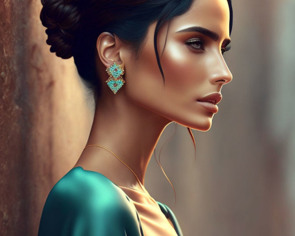 Digital art portrait: Woman with sleek bun hair, teardrop earrings, green dress with golden details