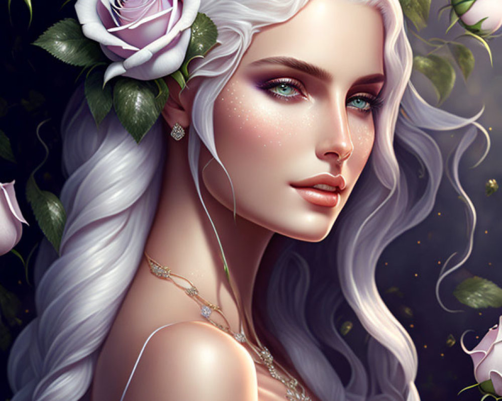 Ethereal woman with white hair and roses in digital portrait