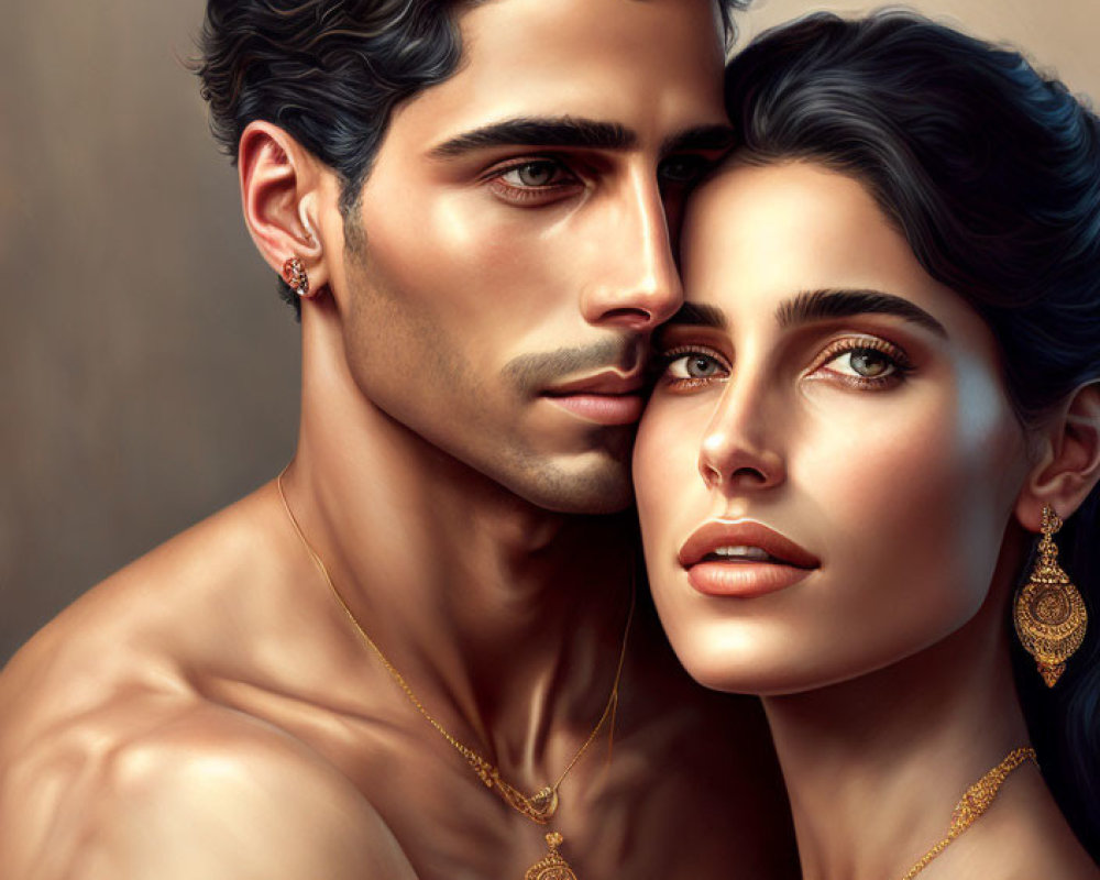 Detailed illustration of couple with curly hair, necklace, dark hair, green eyes, and gold earrings