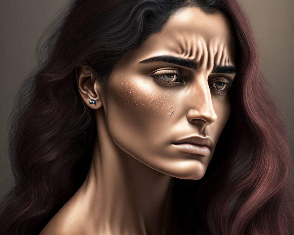 Digital portrait of a woman with sorrowful expression and long wavy hair.