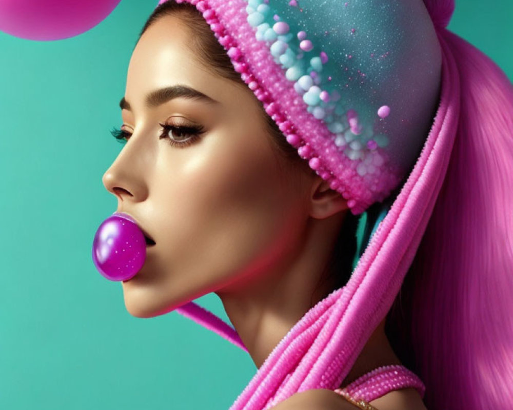 Pink-haired woman blowing bubble gum bubble on teal background with floating spheres