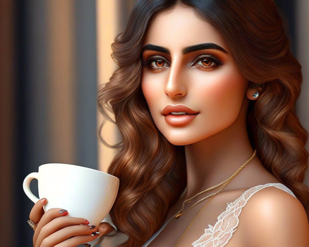 Digital art portrait of a woman with flowing brown hair and striking eyes holding a white cup