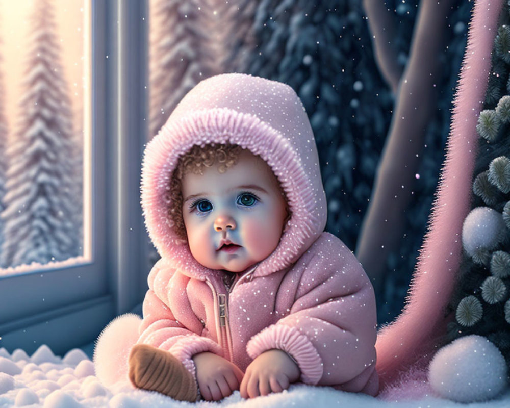 Toddler in Pink Hooded Outfit by Snowy Window