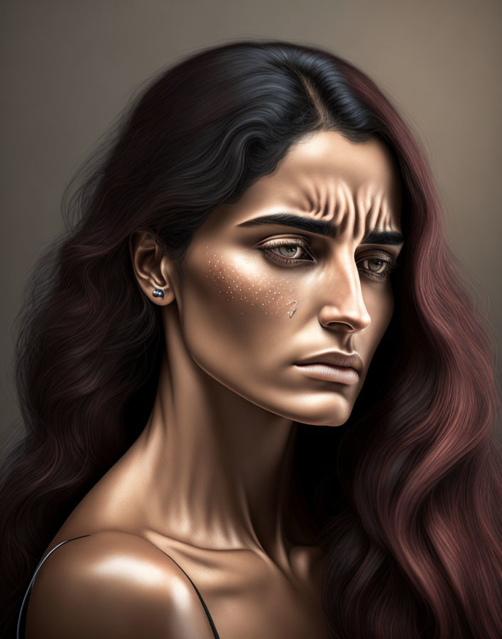 Digital portrait of a woman with sorrowful expression and long wavy hair.