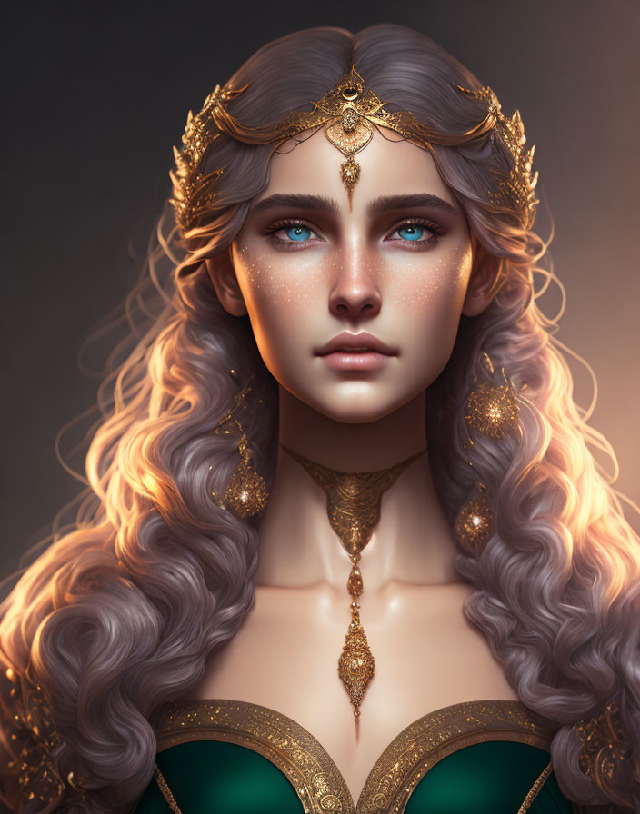 Illustrated character with blue eyes, wavy hair, gold jewelry, and regal attire