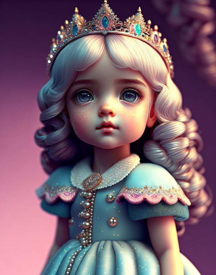 3D-rendered doll-like girl with big blue eyes in jeweled crown and blue dress