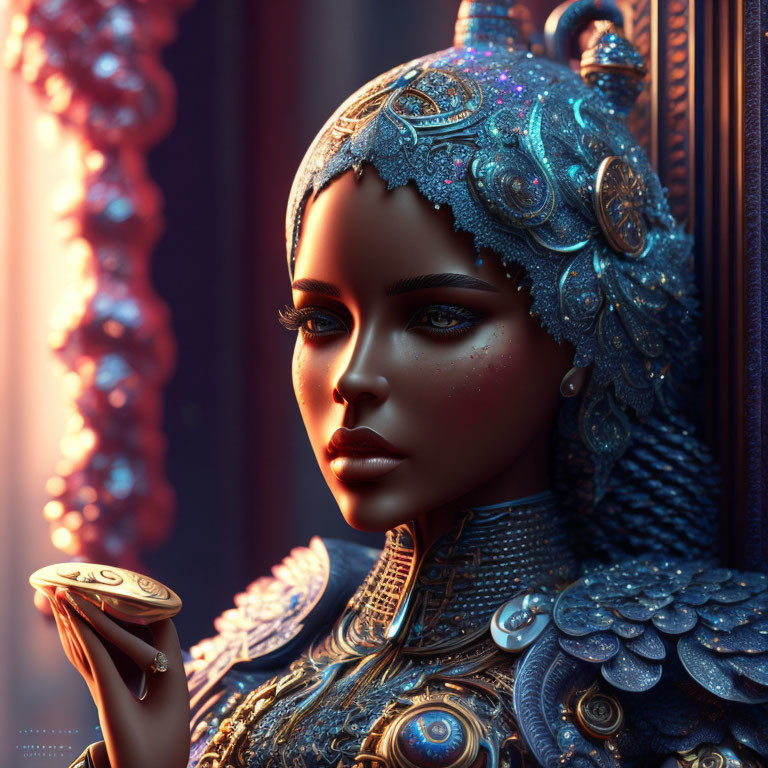 Digital artwork of woman in ornate blue and gold armor with coin