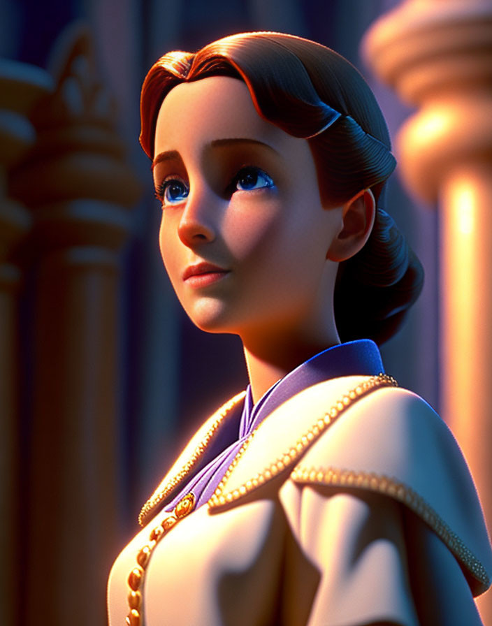 Brown-haired female character in white and gold outfit by pillar in soft lighting