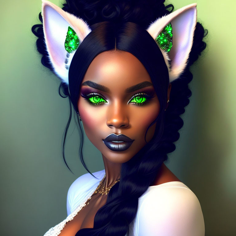 Digital portrait of woman with cat ears, green eyes, dark lipstick, and braided hair on green