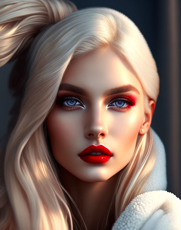 Digital portrait of woman with platinum blonde hair, blue eyes, red lipstick, high ponytail on dark